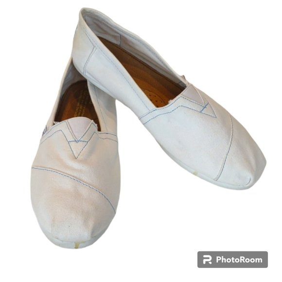 Toms Shoes - Toms Women's White With Blue Contrast Stitching Classic Alpargata Loafer Flats